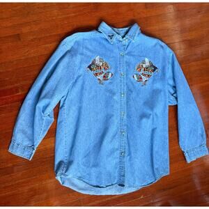Vintage 90s Chambray Denim Long Sleeve Christmas Stocking Shirt Med Large Winter